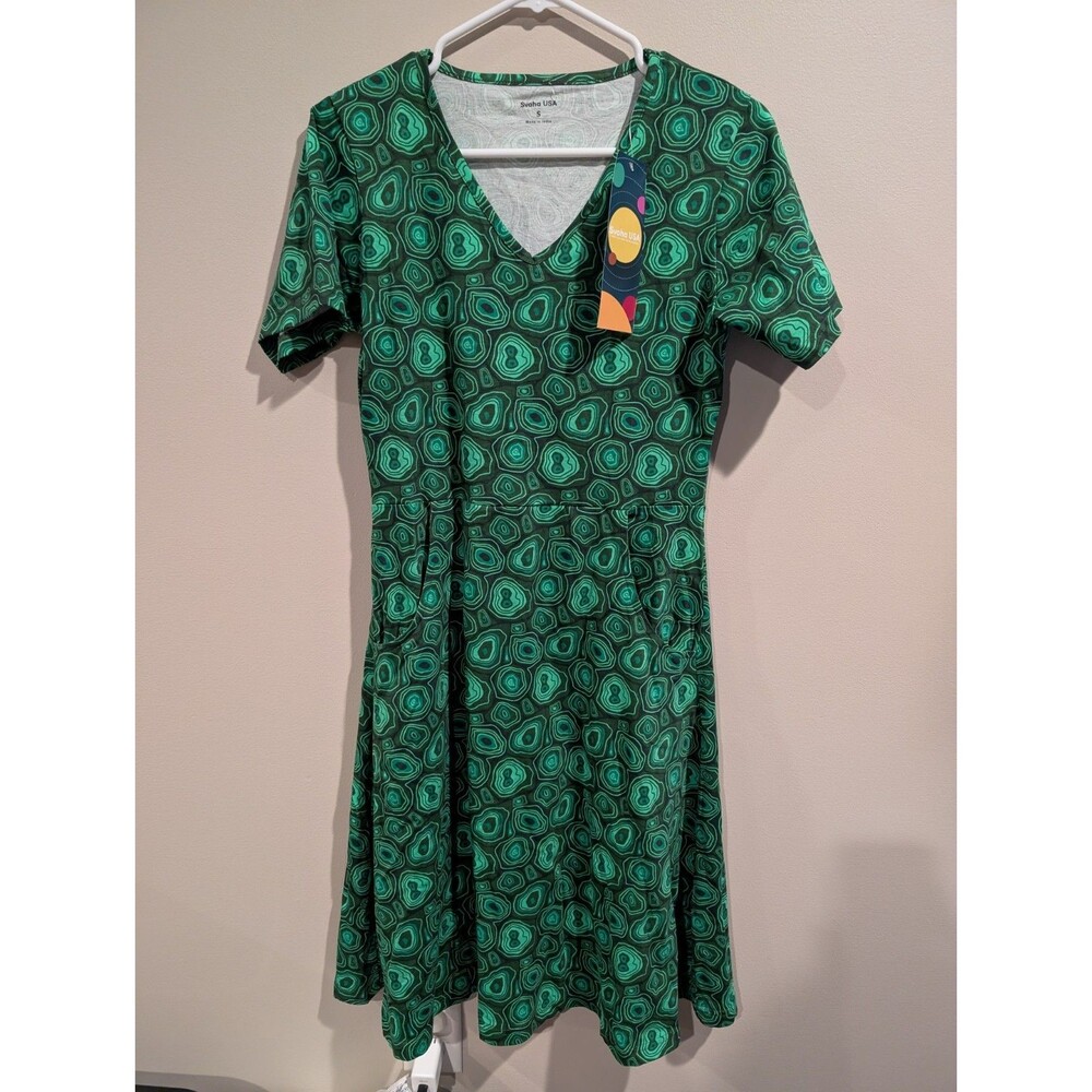 Svaha USA Malachite Rachel Twirl Dress NWT Green Agate V Neck Pockets Cotton